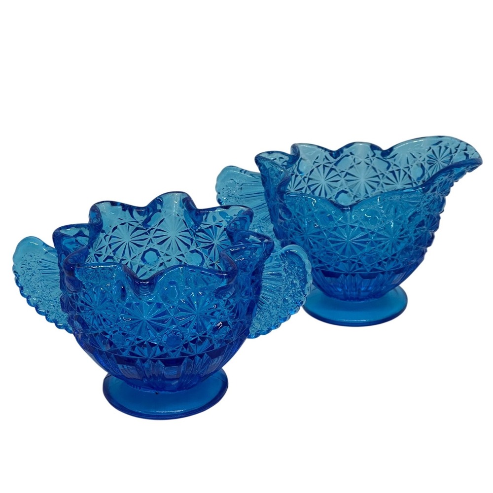 VTG Fenton Blue Glass Creamer Sugar Bowl Set Daisy Button Pattern Scalloped Edge